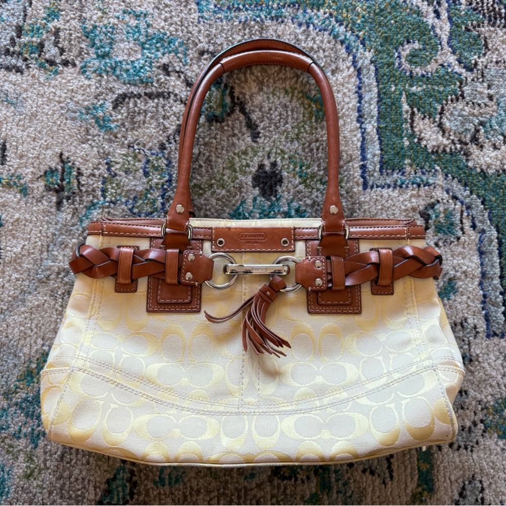 Coach Pale Yellow Signature Canvas Tote with Brown Leather Trim